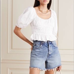 STAUD Faye Cropped Shirred Stretch Cotton Top